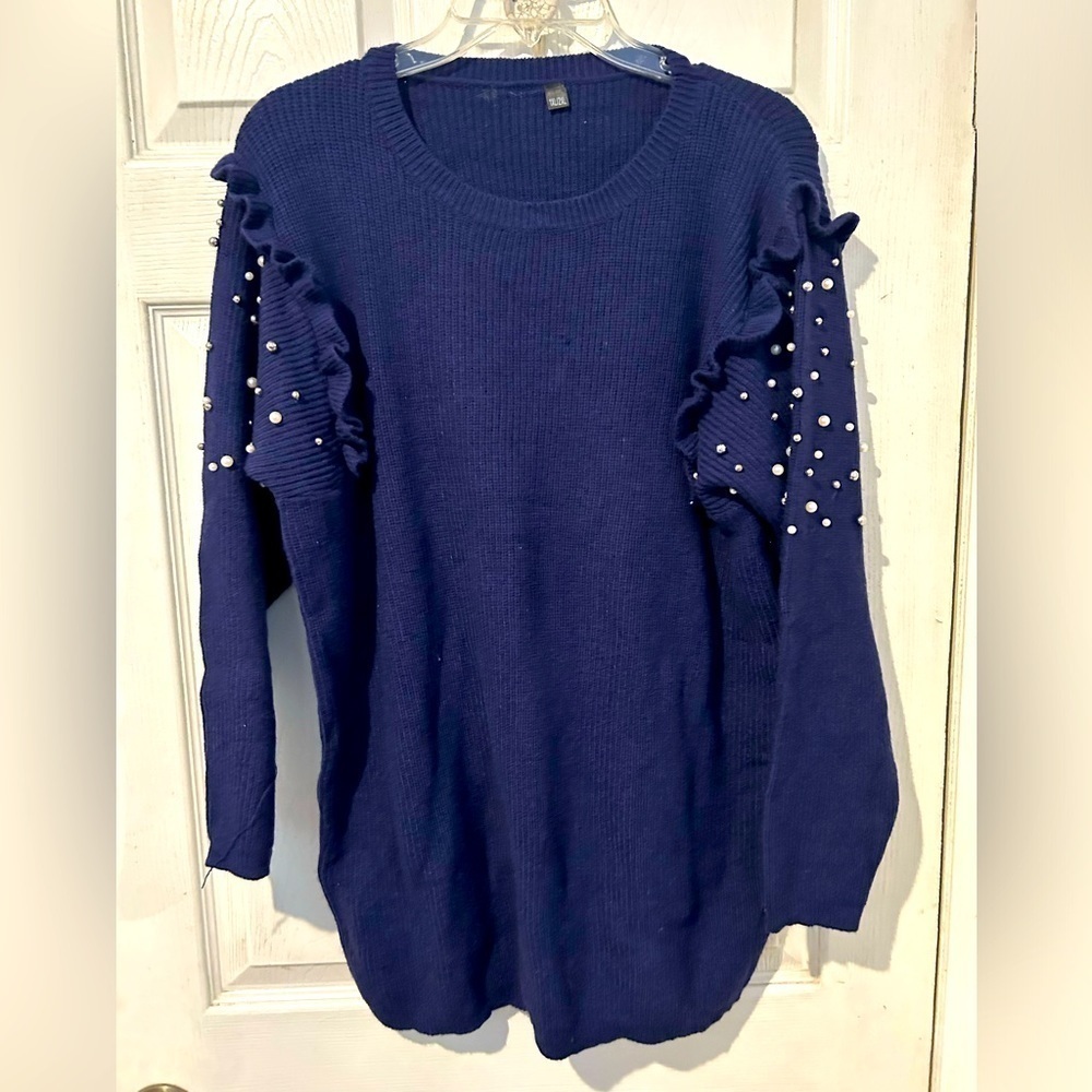 NWOT Navy Long Sleeve Sweater with Ruffled Beaded Sleeves